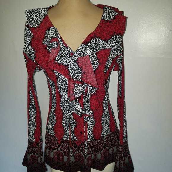 LAURA SCOTT Red and Black with Fringe, Size Medium - Picture 1 of 7